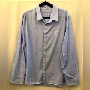 Guess Embroidered Logo Slim Fit Button Up Long Sleeve Blue Shirt Mens XL